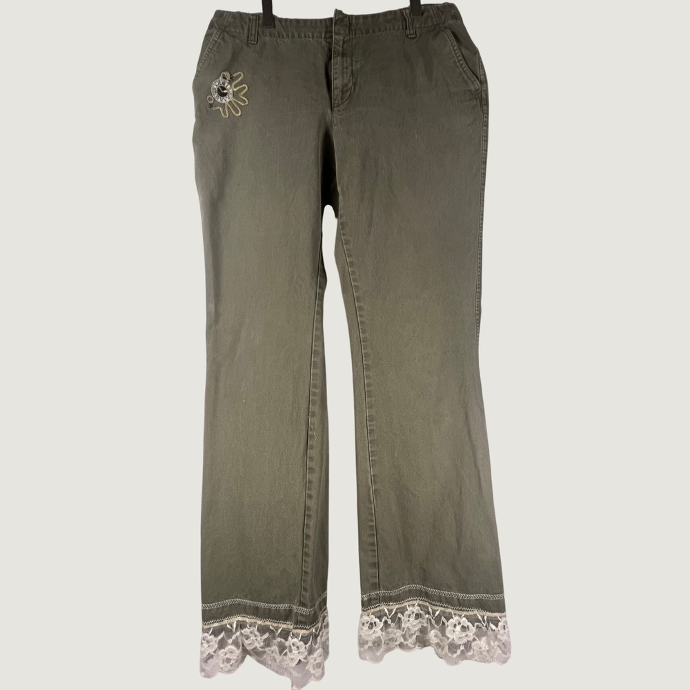 Old Navy Girls Sz 10 DIY Upcycled Jeans Olive Lace hem Embroidered Patchs OOAK